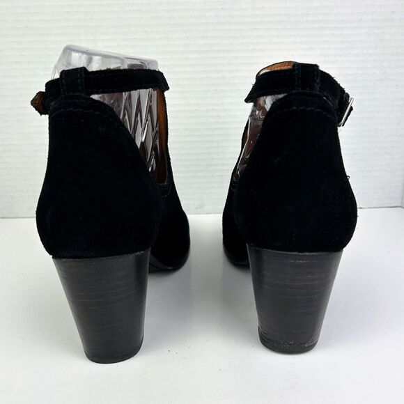 Frye Meghan Ankle Boots Black Suede Booties Cutout Strap w/ Buckle Heeled sz 9 - Picture 5 of 12
